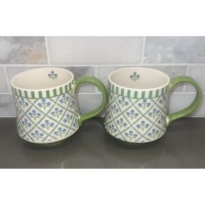 NEW-2-POTTERS STUDIO  COFFEE TEA CUP FLOWERS GREEN BLUE HANDLE